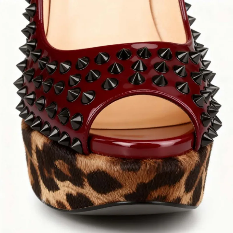 DIZHUANG Fashionable women's high heels. Wine red leather studded single shoes. About 15cm heel height. Peep toe pumps. Fashion