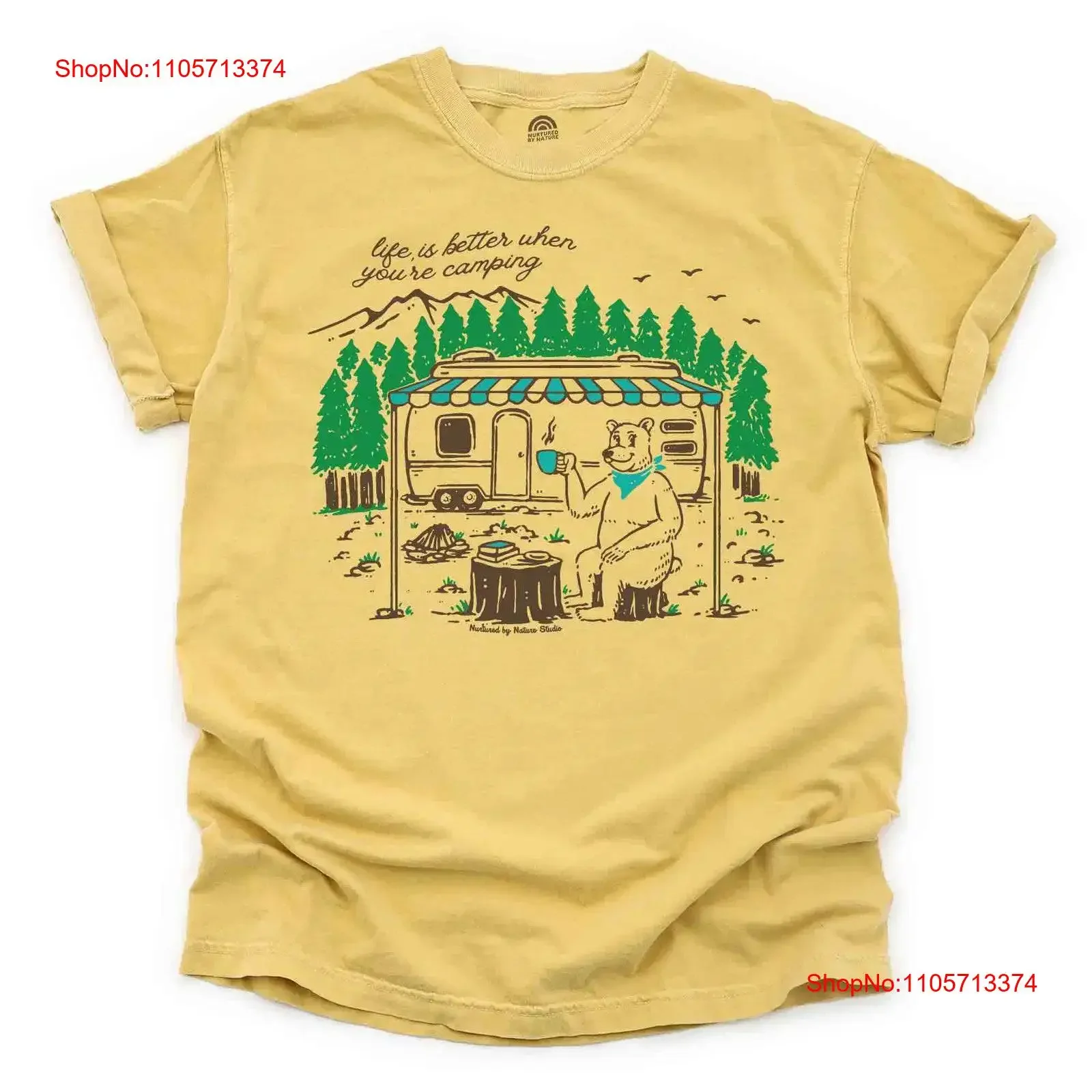 T-shirt Glamping Bear, style rétro mignon, inspiré par la nature, vintage, lavé, polyvalent, streetwear tendance