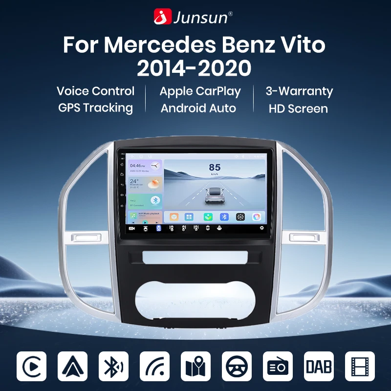 Autoradio Junsun pour Mercedes Benz Vito 2014-2020, CarPlay sans fil, Android Auto, 8 cœurs, ventilateur de refroidissement, GPS Android, lecteur multimédia, 4G-LTE, WiFi, DAB+, DSP, RDS, BT, SWC, écran tactile IPS, autoradio, unité principale stéréo