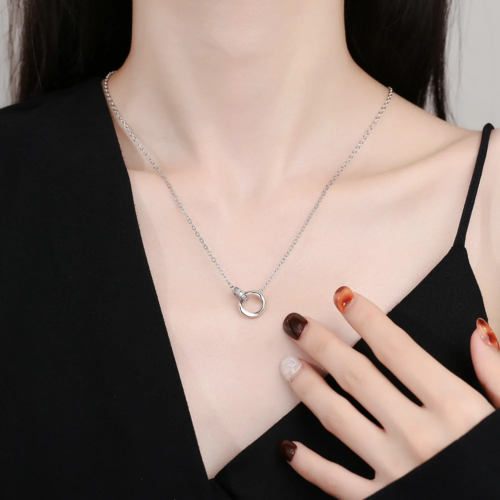 S925 Sterling Silver Full Diamond Zircon Simple Möbius Ring Clavicle Chain Women's Necklace