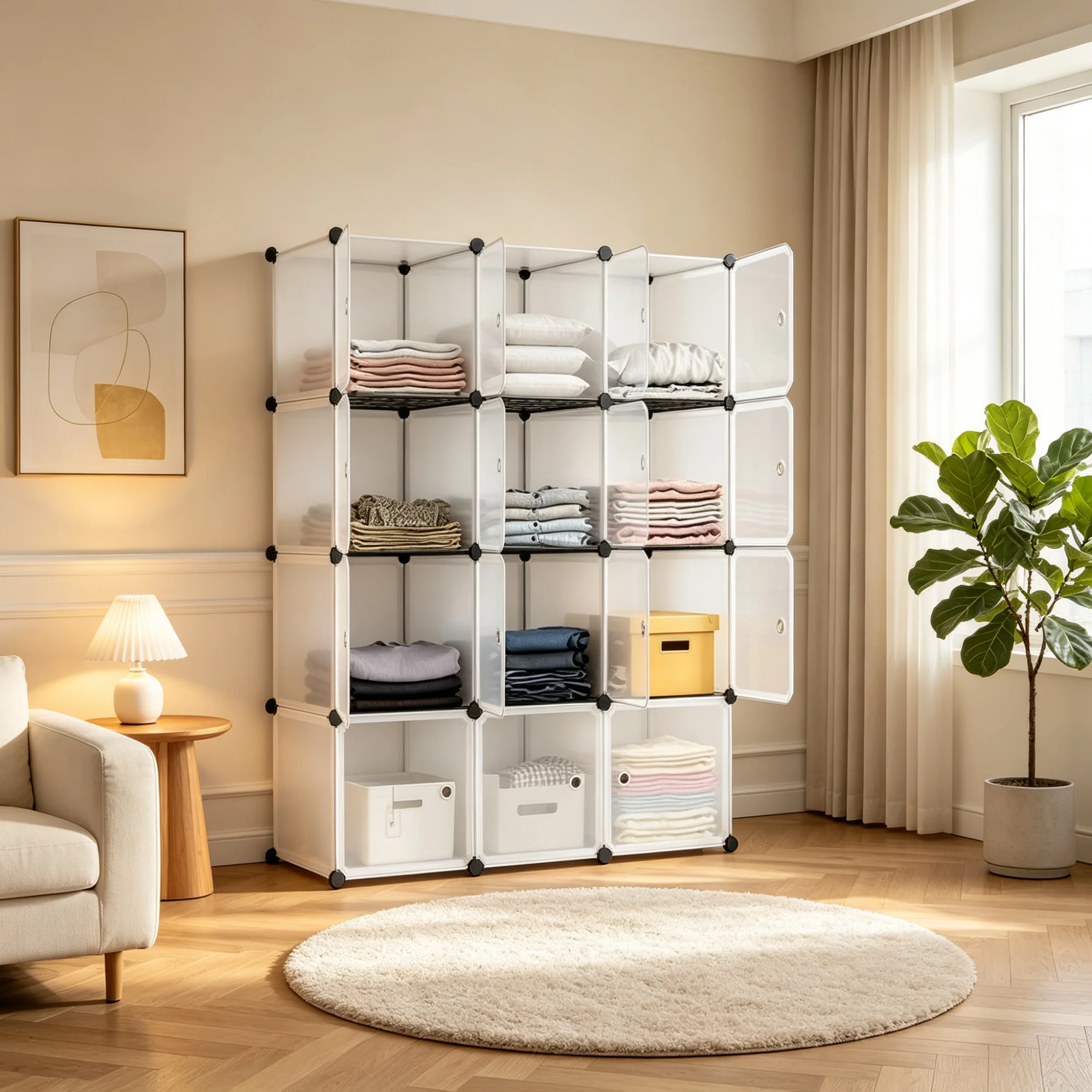 12‑Cube Storage Shelf Storage Shelves Transparent Plastic Modular Storage Storage Cabinet Living Room Furniture for Bedroom Living Room Closet Clothes Bedding Garment Household Stuff Organizer