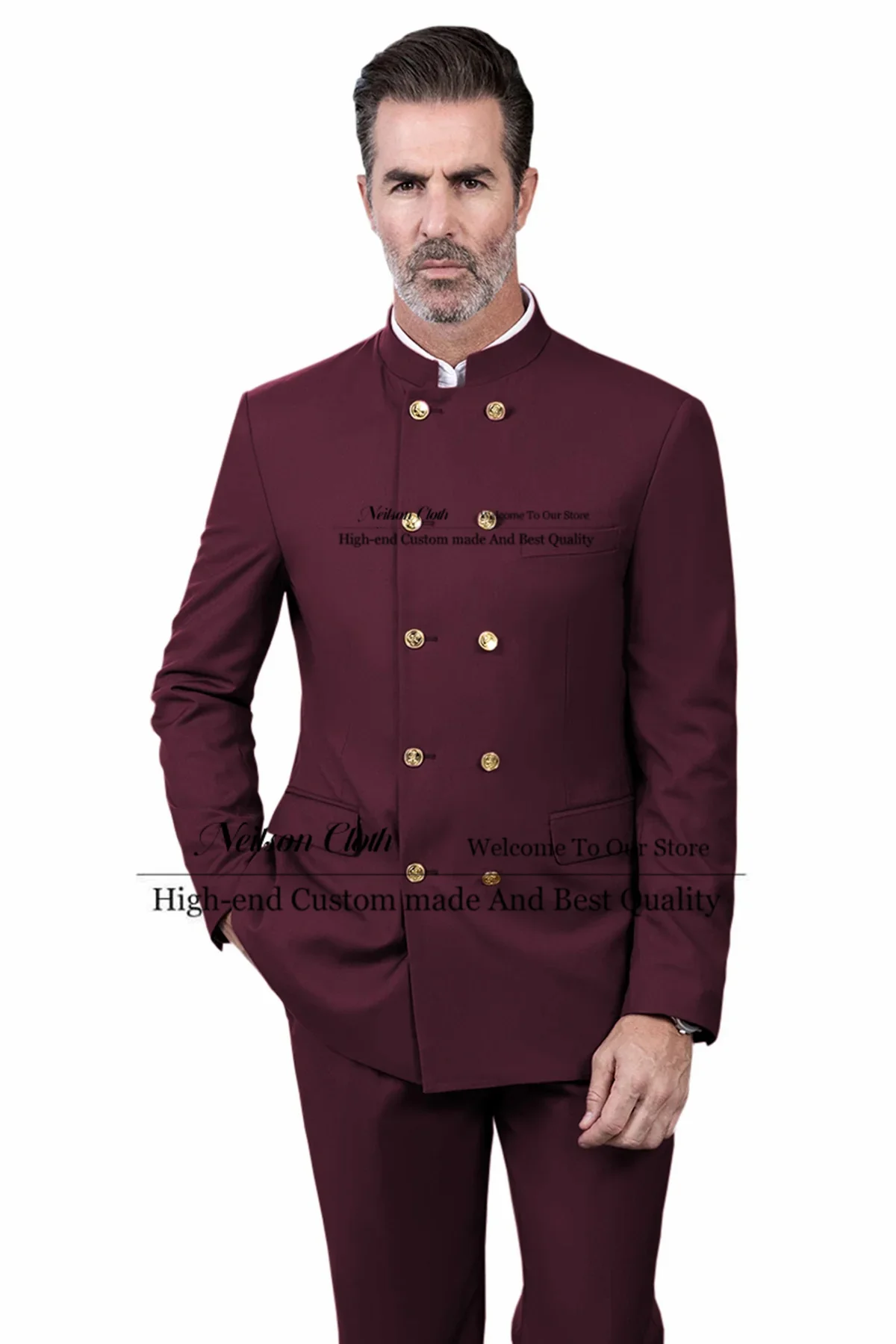 

Burgundy Stand Collar Male Prom Blazers 2 Pcs Sets Slim Fit Groom Wedding Tuxedos Customized Double Breasted Terno Masculino