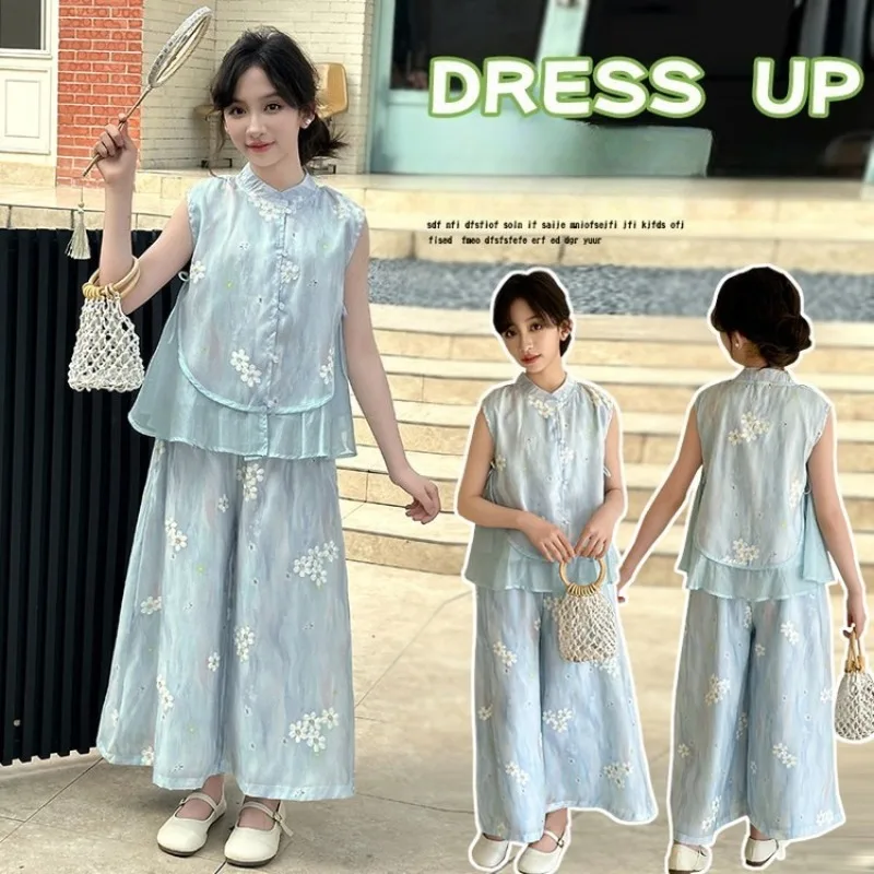 

Girls Chiffon Set Children Sleeveless Top+Pants Two-piece Set Tangsuit Children Party Outfits Kids Clothing Unique Design