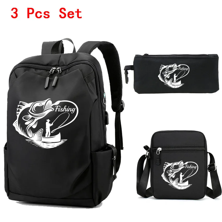 

3 PCS Girl College Student Women Man Backpack Trendy Travel Lady Laptop Cute fishing Pattern Printed Backpack USB Charging
