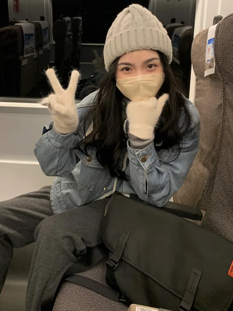 

Denim Coats For Girl Fur Plush Womens Winter Moisture-Wicking Regular Fit Minimalist Street Trend Anti-Wrinkle Lightweight Daily