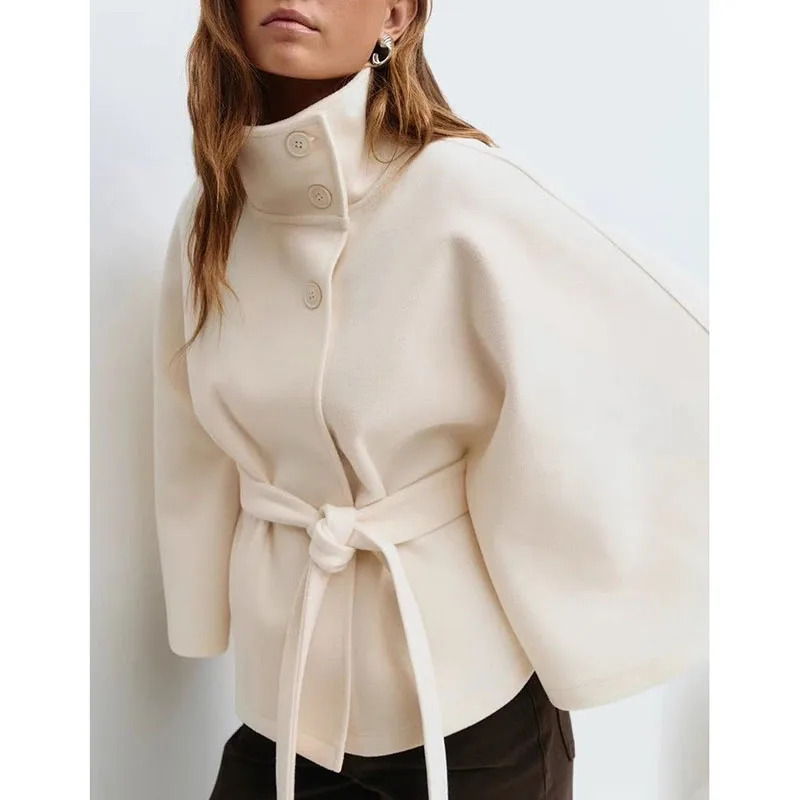 سترة نسائية صوفية للربيع والخريف والشتاء موضة جديدة بلون سادة وياقة ثابتة وحزام على شكل زر سترة واقية من الصوف معطف 2026 #4