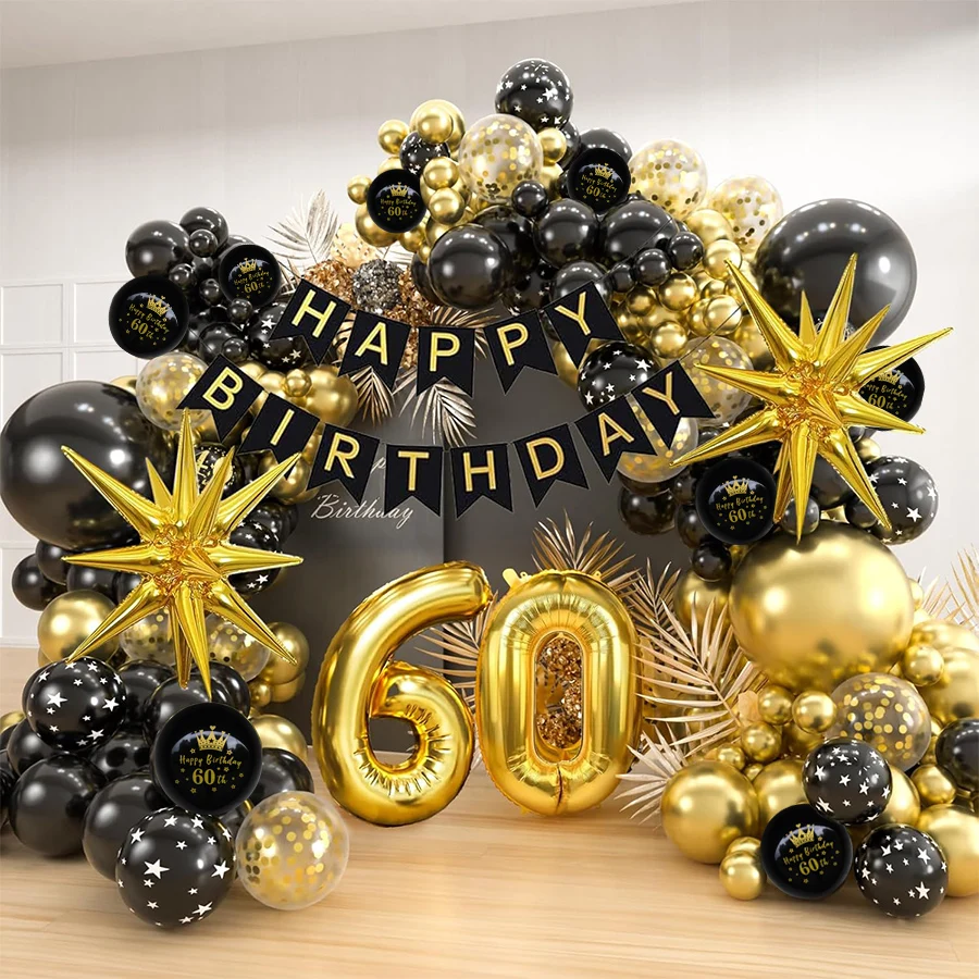 60. Geburtstag Schwarz-Gold Ballongirlande Bogen-Set Happy Birthday Banner Nummer 60 Starburst Folienballons für Männer Frauen Partydekoration