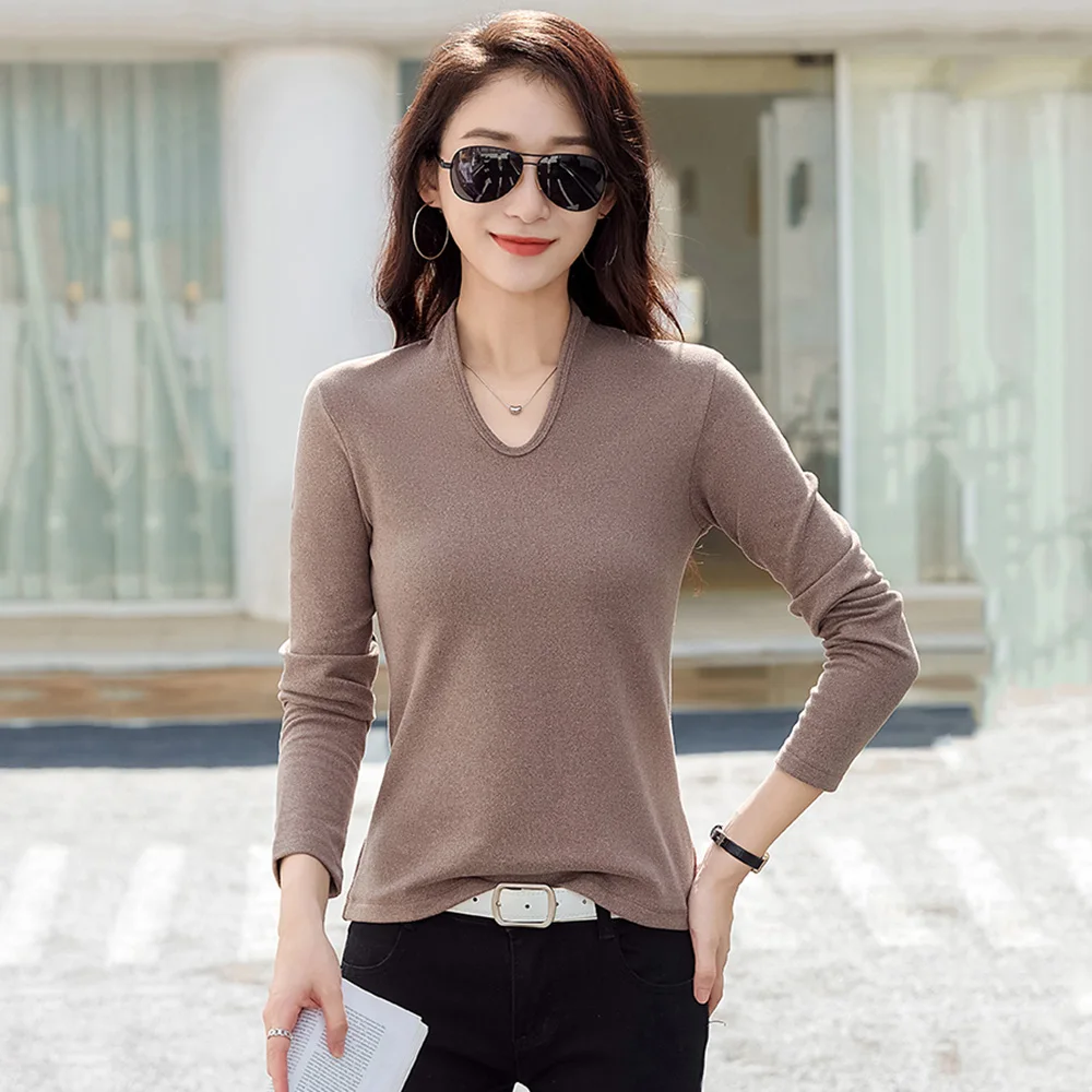 

New Women Double-faced Dralon Bottomming Shirt Autumn Winter Fashion Chic V-Neck Long Sleeve Simplicity Casual Slim T-shirt Tops