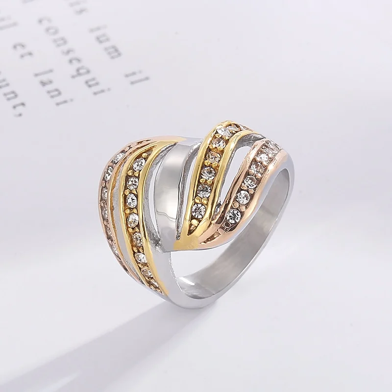 French Large Rings For Women Stainless Steel Rhinestone Minimalist Engagement Finger Ring Elegant Luxury Jewelry Gifts Female