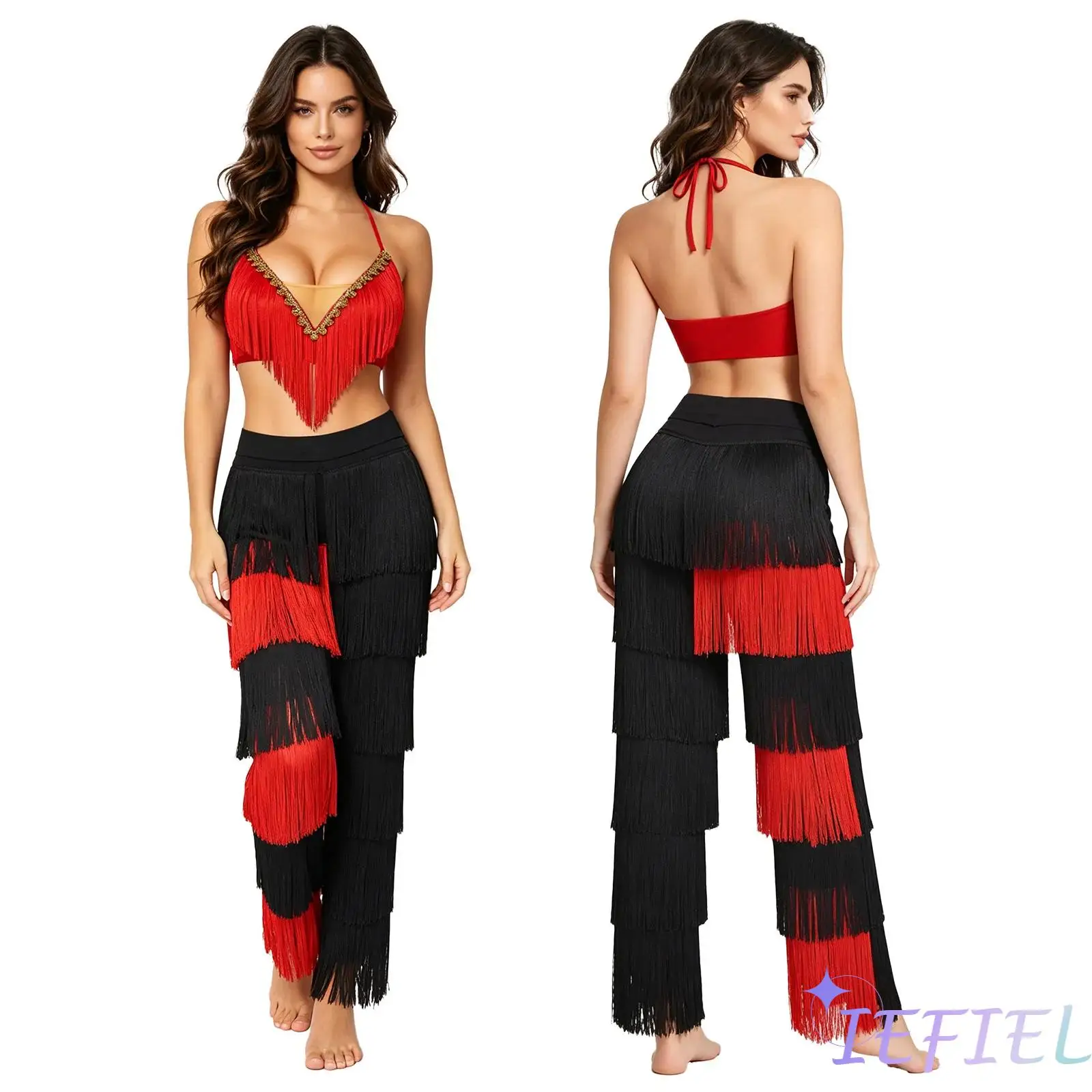 

Womens Latin Jazz Dance Clothing Set Gold Trim Tassel Lace Up Halter Crop Top and Contrast Elastic Waistband Pants Salsa Costume