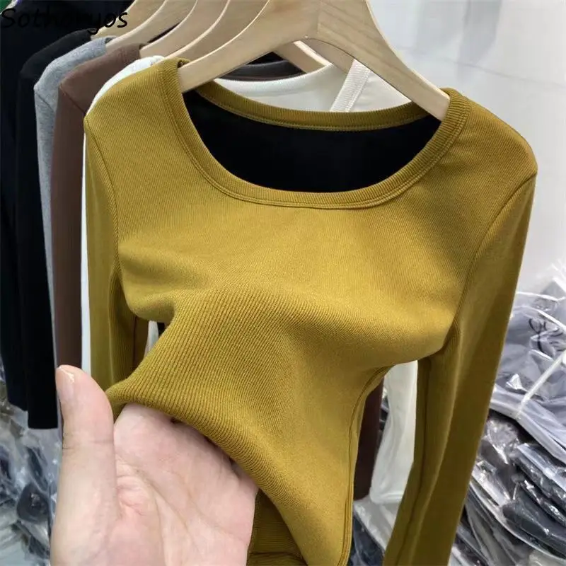 M-5XL Slim T-shirts Women Elastic Elegant Winter Leisure Sexy Plus-velvet O-neck 4 Colors Popular Korean Style Warm Comfortable