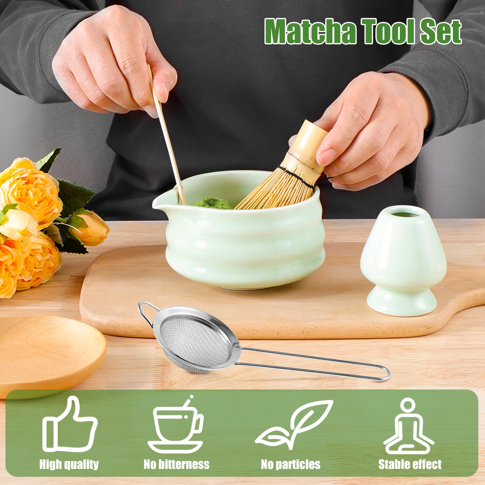 Matcha Whisk Set Ceramic Matcha Bowl with Pouring Spout Matcha Bamboo Whisk Stainless Sifter Ceramic Whisk Holder Bamboo Scoop