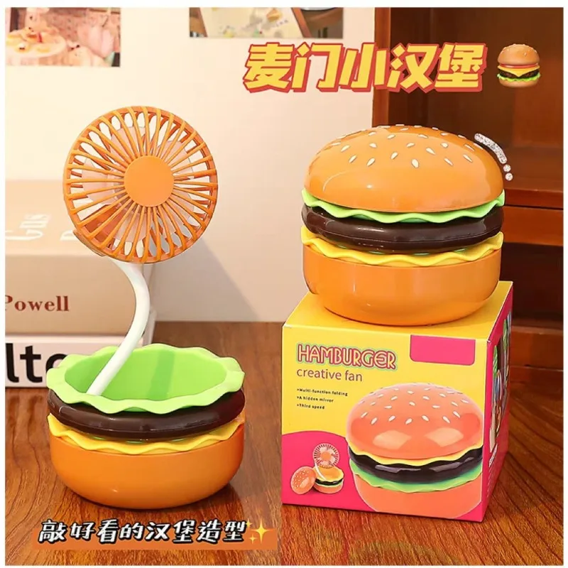 Creative Cartoon Burger Electric Fan Portable Handheld USB Charging Mini Fan with Beauty Mirror Storage Box Handheld Fan