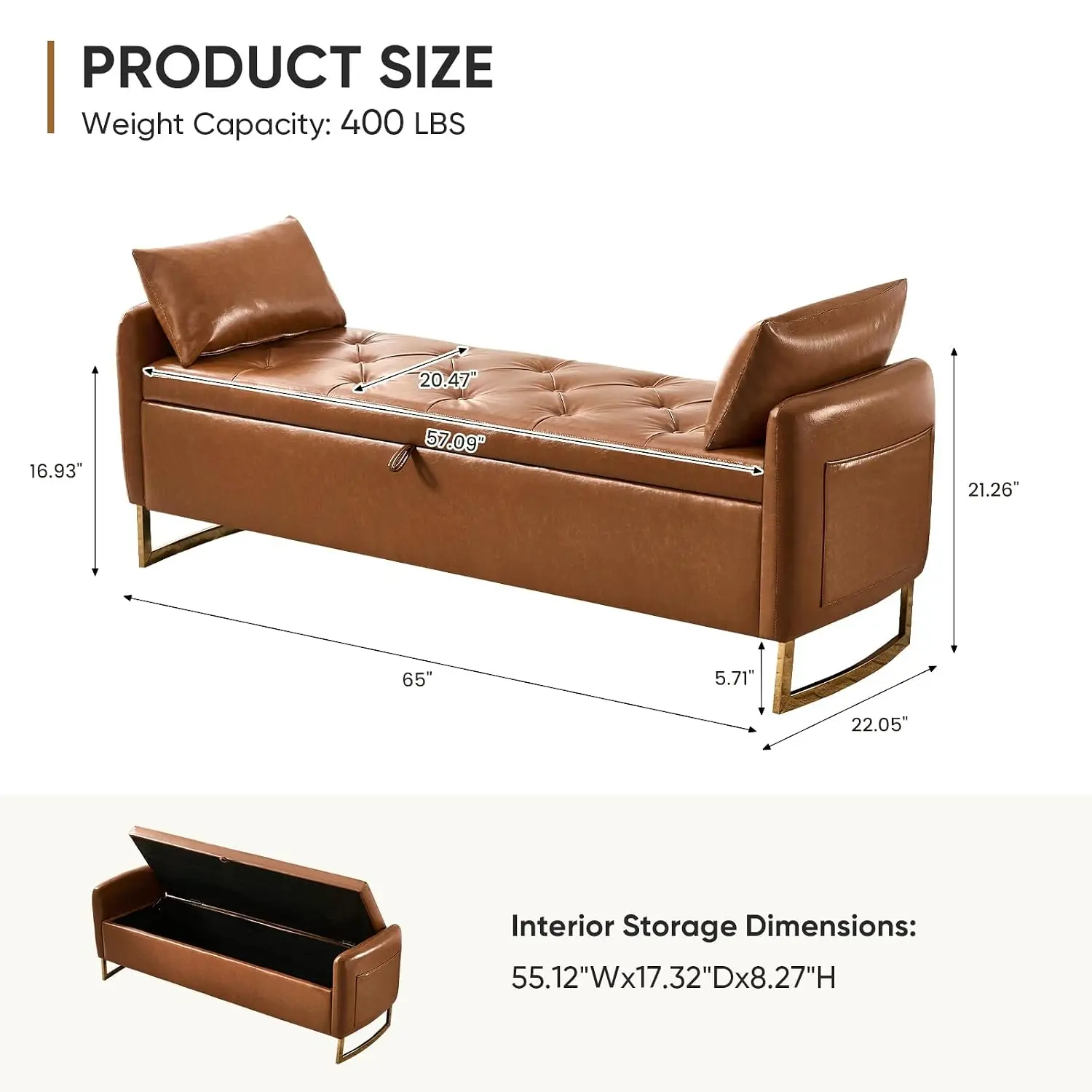 65 Inch Tufted Leather Storage Bench with Gold Legs, Arms, 2 Pillows for Bedroom End of Bed Window, Customized