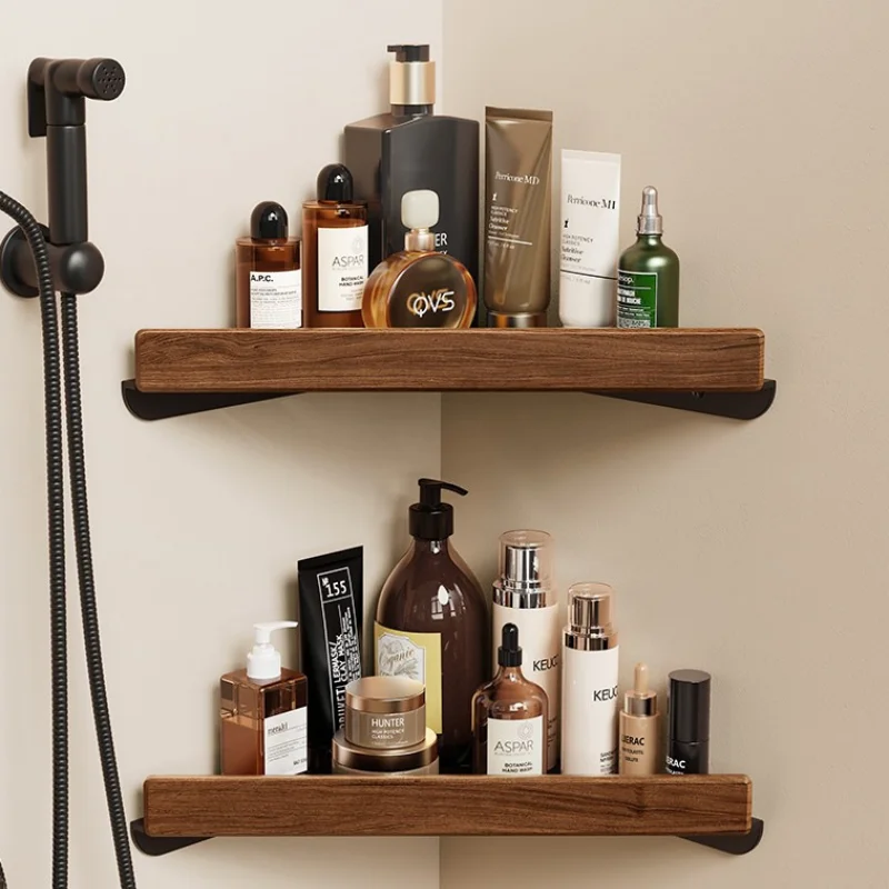 

Walnut Aluminum Bathroom Storage Rack Black Bathroom Shelf Wall-Mounted Black Bathroom Corner Shelf Kitchen Storage Rack