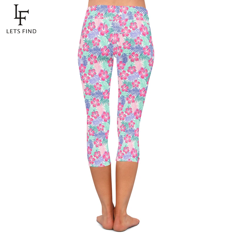 LETSFIND Summer Women Capri Legging High Waist 3D Pastel Hibiscus and Palm Leaf  Print Fitness Stretch Slim Mid-Calf 3/4 Pants