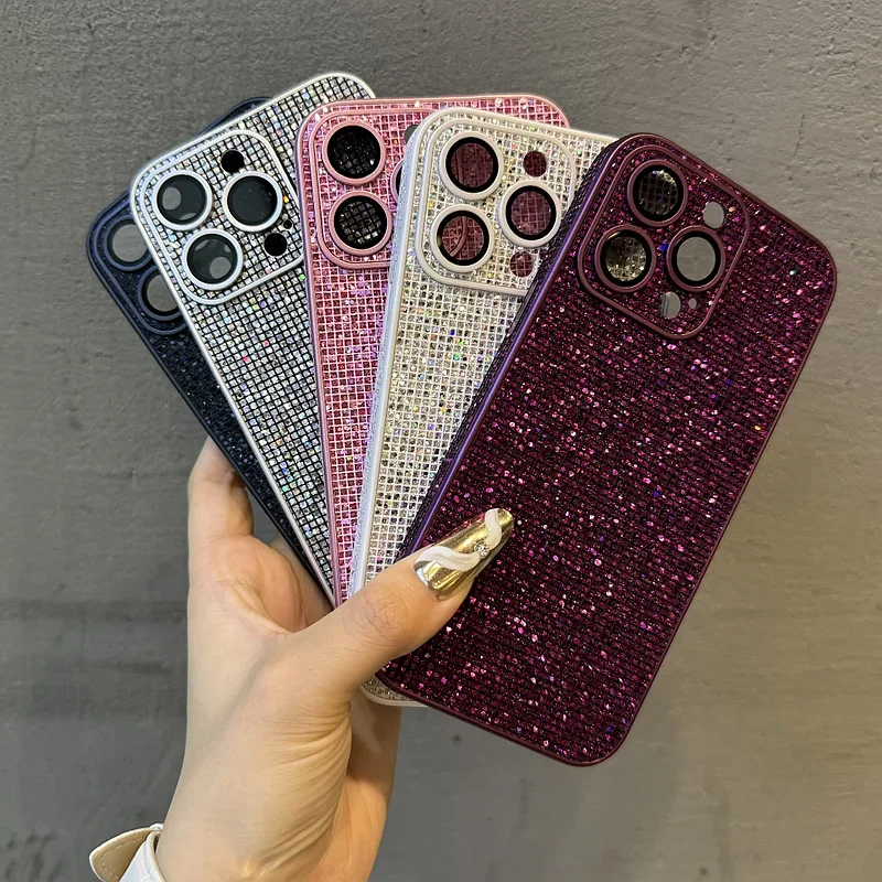 Luxury Camera Lens Glass Protection Glitter Case for iPhone 15 14 13 12 11 Pro Max 14 Plus Bling Leather Skin Shockproof  Cover