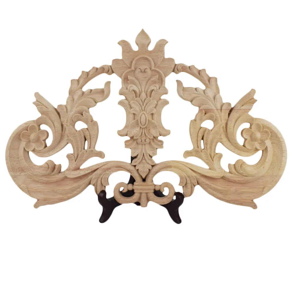 2PCS Carving Natural Wood Appliques for Furniture Cabinet Unpainted Wooden Mouldings Decal Vintage Home European Style Decor