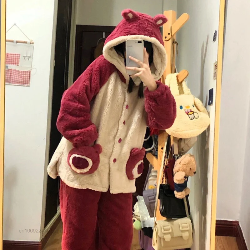 Disney Cartoon Bear Lotso Cute Plush Home Clothes Women 2 Piece Set Korean Style Cardigan Tops Pants Y2k Soft Fuzzy Pajamas Suit