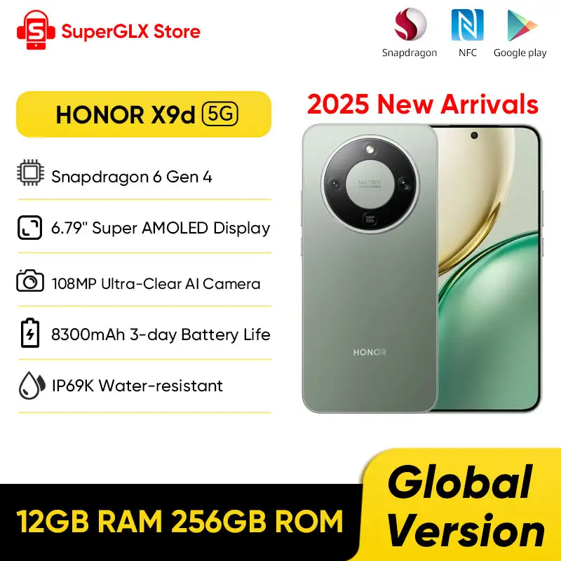 إصدار عالمي هونر X9d 5G هاتف ذكي 6.79 بوصة مقاوم للسقوط شاشة AMOLED بمعدل تحديث 120 هرتز كاميرتين ذكاء اصطناعي 108 ميجابكسل بطارية 8300 مللي أمبير 66 واط NFC IP69K