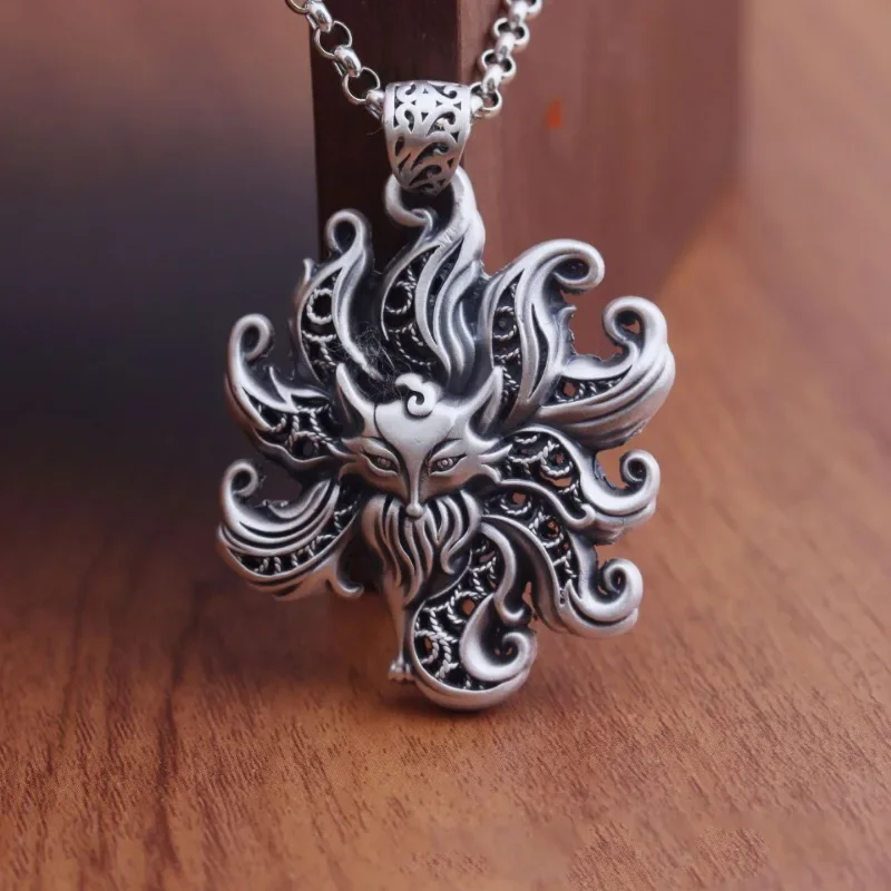 925 Silver Creative Archaic Rhyme Nine Tails Fox Necklace for Women Vintage hollow out National Style Pendant Keel Chain Jewelry