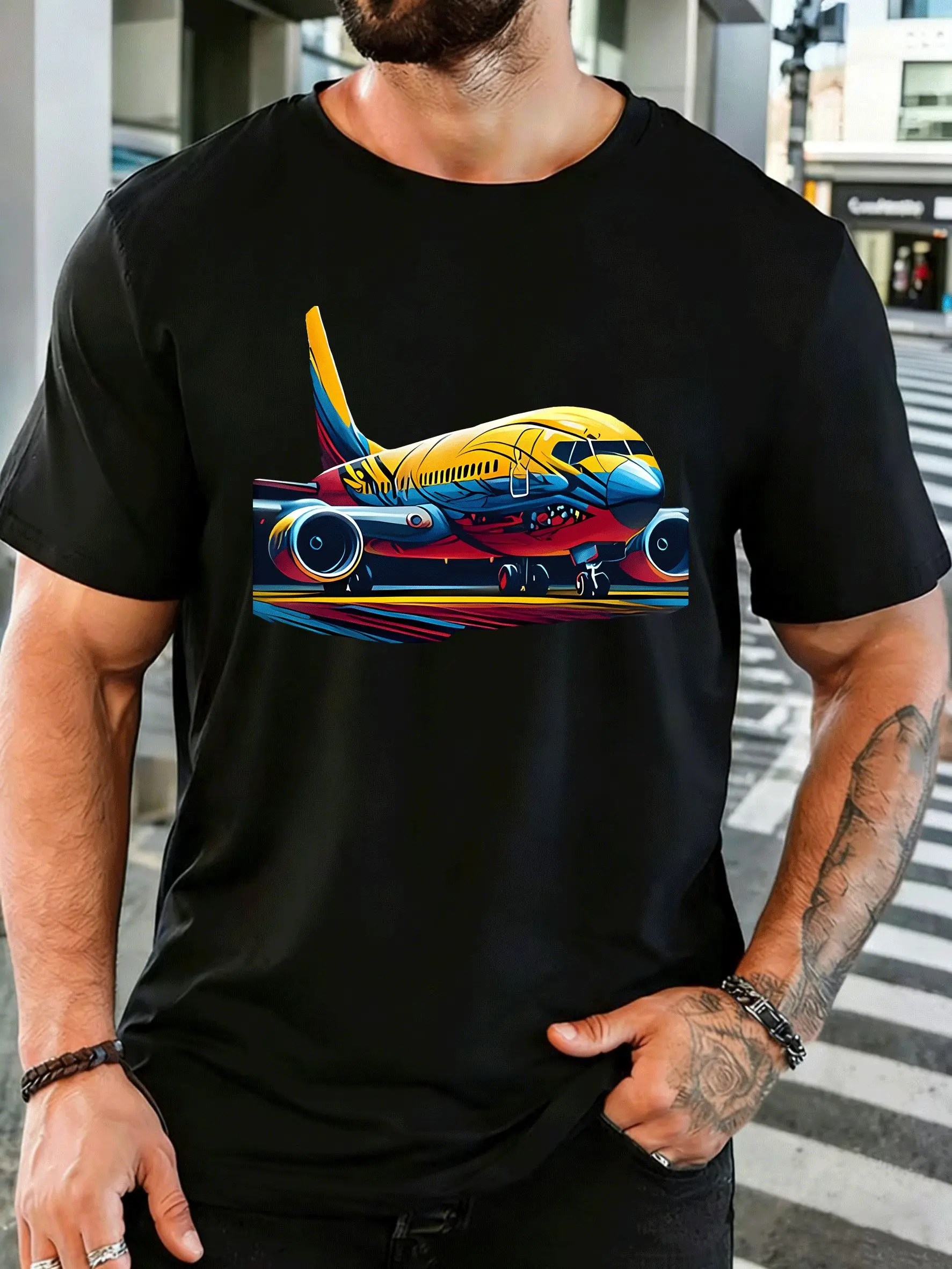 Men Short Sleeve T Shirt Colorful Airplane Graphic Tee Cool Aviation Print Tops Summer Cotton Casual Street Wear For Adult Male