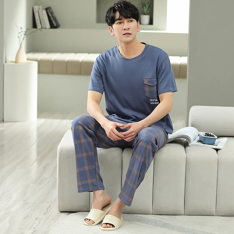 Men's Home Clothes Summer Striped Cotton Sleepwear Lounge Set Homewear Male Pajamas Set Trouser Home Suit Big Size Pijama Hombre