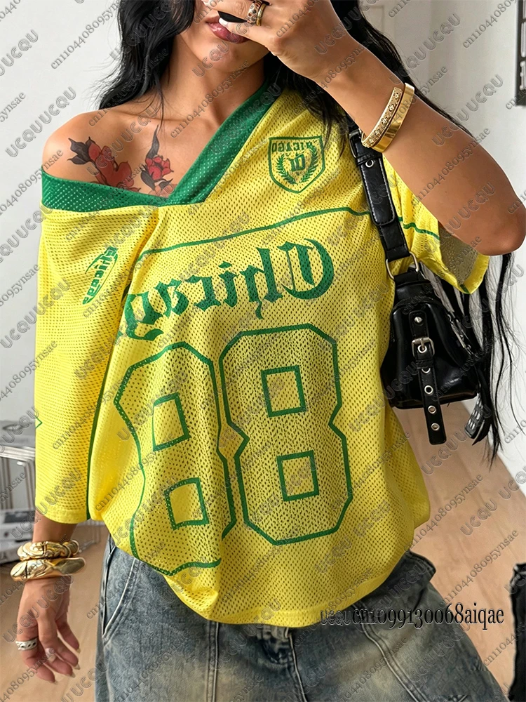Summer Classic Chicago Letter Print Sports T-shirts For Women Casual V-neck Sports Football Jerseys Oversized Loose Y2K Tops