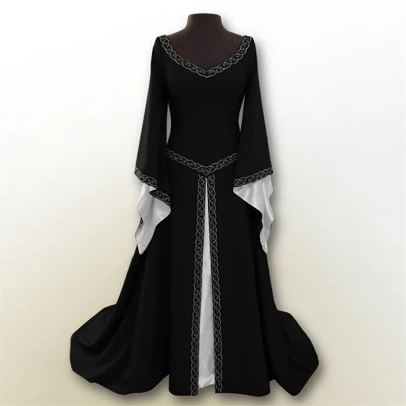 Women Vintage Medieval Costume Dress Corset Waist Retro Renaissance Maxi Dress Ankle Long Dress Halloween Cosplay Dress