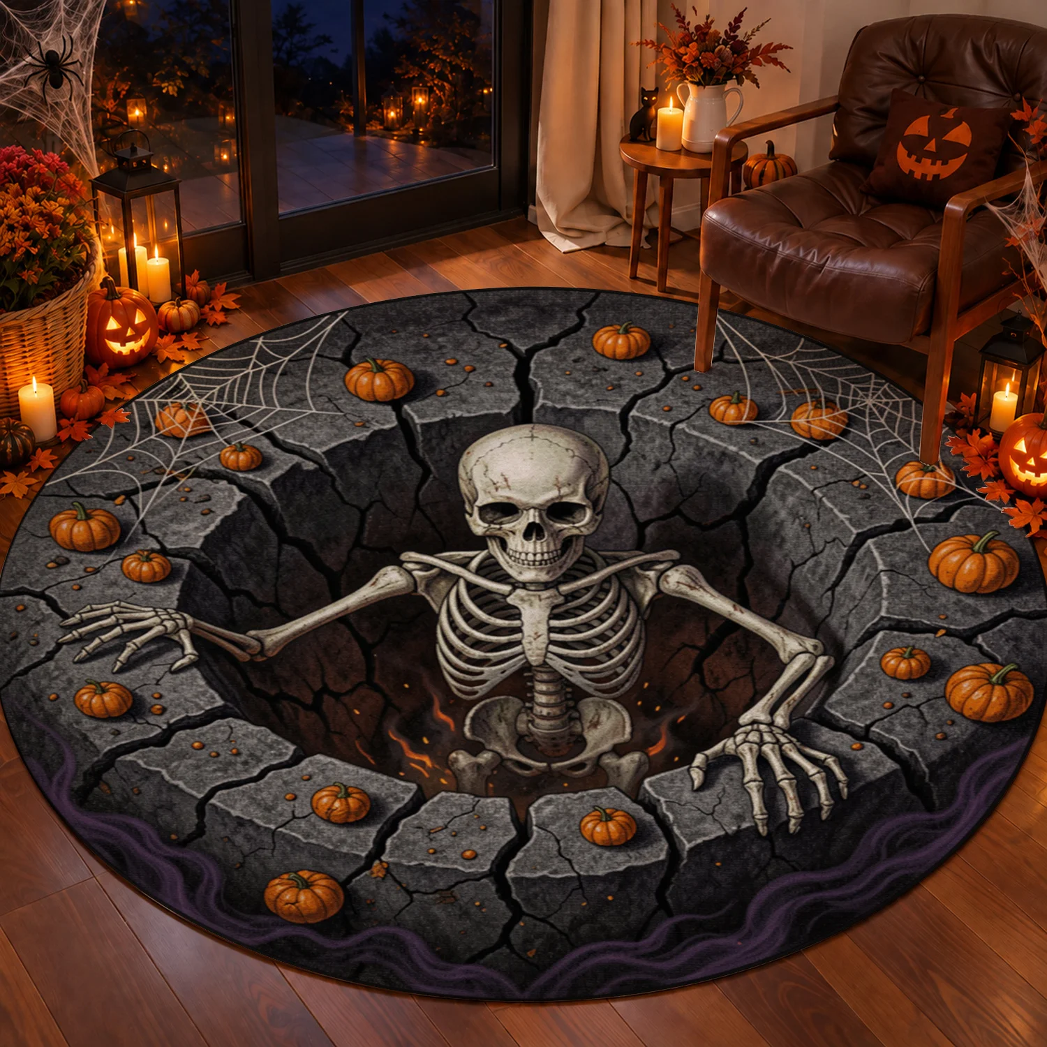 Round Skeleton Pumpkin Cobweb Pattern Velvet Area Rug, Machine Washable Soft Floor Mat for Living Room, Bedroom, Entryway, Dining Room, Halloween Thanksgiving Black Friday Christmas New Year Decor