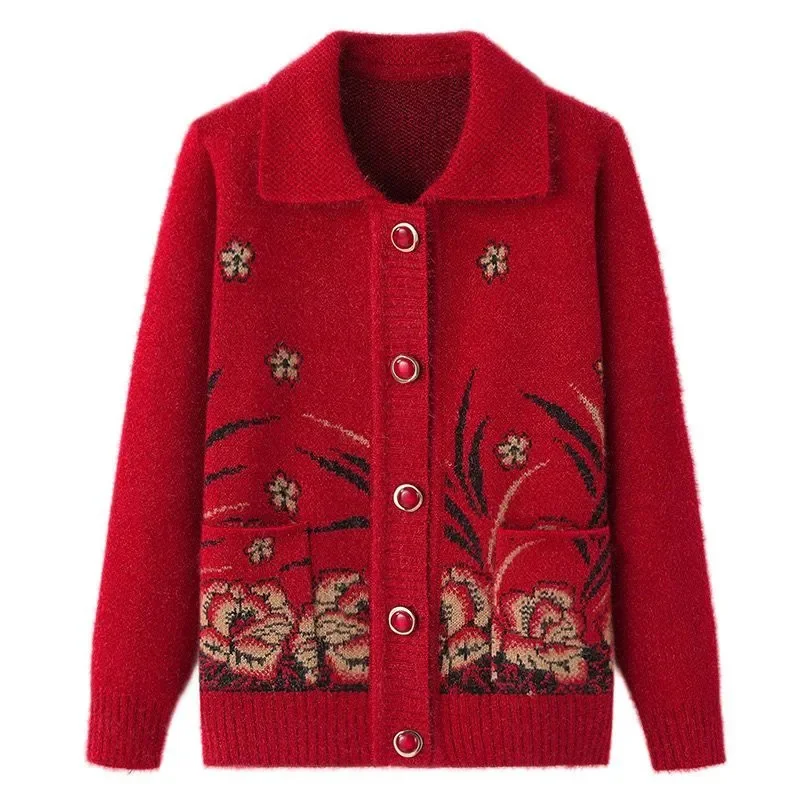 Middle Age Mother Knitted Cardigan Sweater Coats Spring Autumn Women Long Sleeve Knitwear Tops 60-70 Old Grandma Clothes