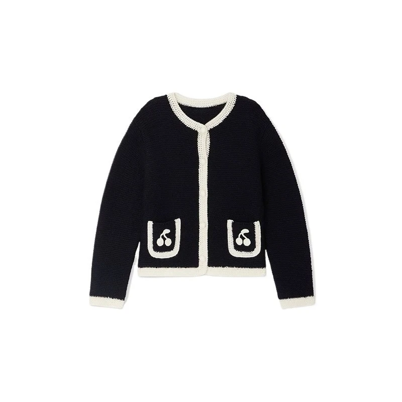 

New Autumn and Winter 25 Children's Knitted Coat Handcrafted Cherry Pocket Girls' All-wool Cardigan
