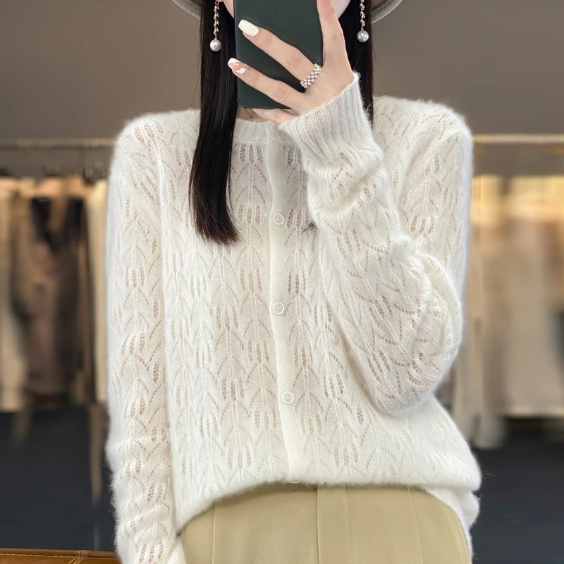 Wool Cardigan Sweater Women O-neck Long Sleeve Top Knitted Korean Style Hollow Out New In Outerwear Mujer Knitwear Spring Clothe