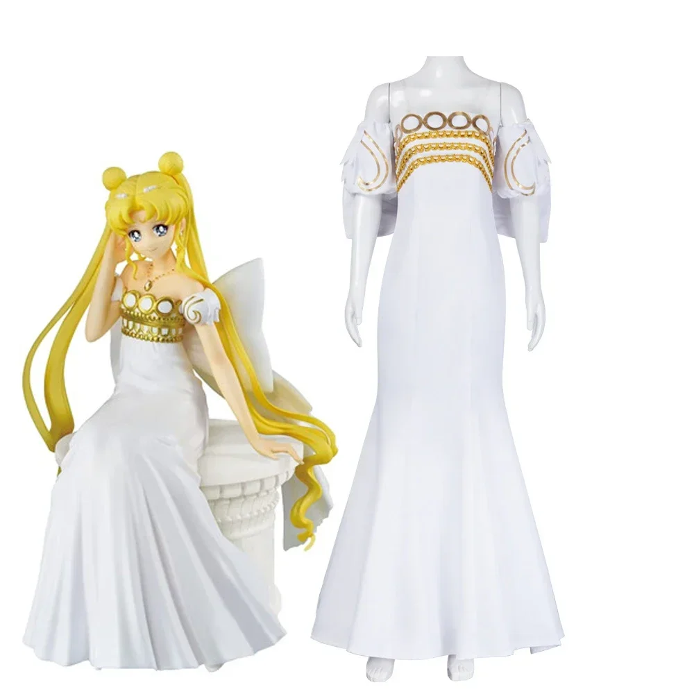 Princess Serenity Tsukino Usagi Cosplay Costume White Long Woman Dress Big Bow Halloween Party Role Play Girl