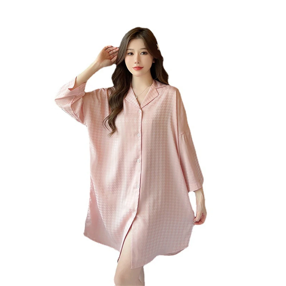 

Ladies Pink Shirt Dressing Gown Female Lapel Sleepwear Home Dress Nightgown Summer Casual Loose Sleepshirt Lingerie Loungewear