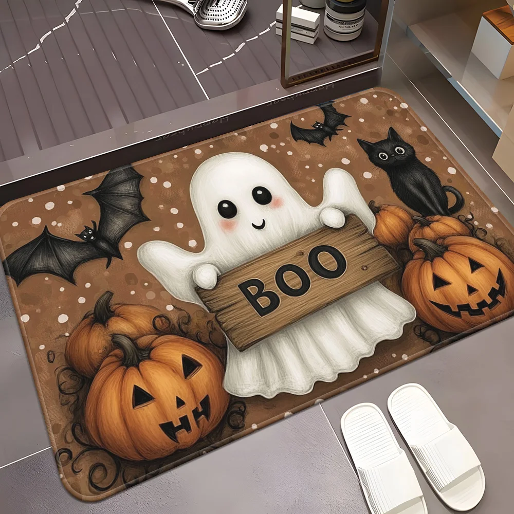 Ghost Black Cat Rectangle Door Mat Vintage Brown Pumpkin Non-Slip Welcome Rug Halloween Carpet for Home Entrance Porch Decor