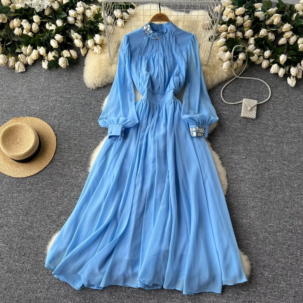 Retro Print Elegant Summer Stand-up Neck Pleated Dress A-line Lantern Sleeves Vacation Party Women Chiffon Vestidos Long Dresses