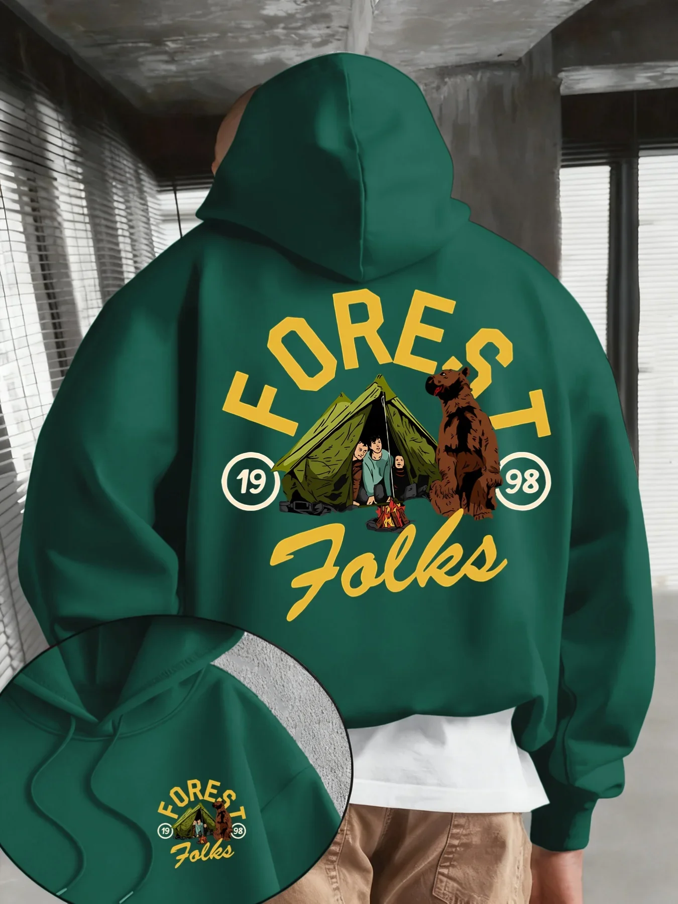 Men's Forest Folks Camping Bear Double Sided Print Hoodie Outdoor Wilderness Streetwear Unisex Oversized Autumn Pullover