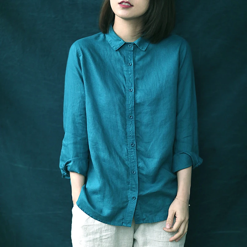 

Profional Women's Color irt Versatile Base Layer Top Casual Versatile Cotton Linen Blend Long Sve Ne