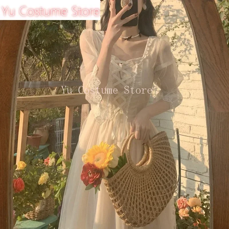 

Yu StoreFrench Vintage Midi Dress Women Lace Elegant Princess Party Fairy Dress Female Spring Casual Korean Wedding Victorian