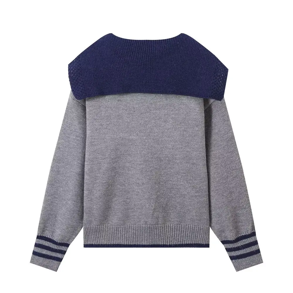 ZA donna 2024 autunno e inverno nuovo maglione colletto blu scuro color block stile college pendolarismo pullover a maniche lunghe