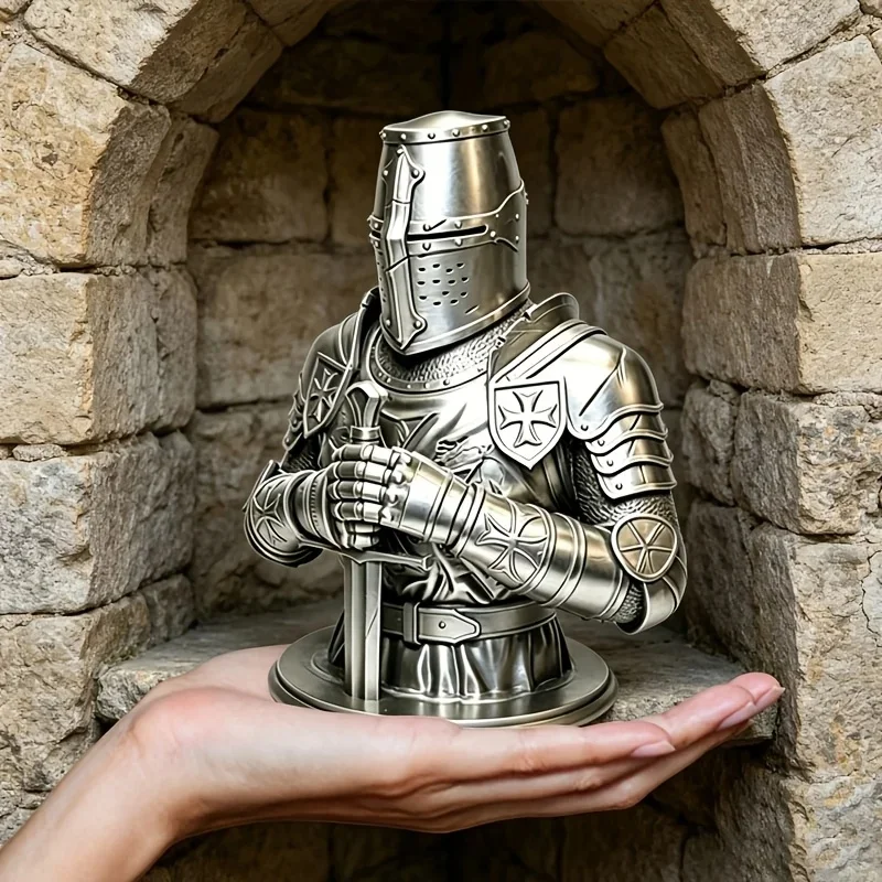 1‑Pack 3D Printed Knight Bust Statue, Gothic Templar‑Style Sculpture, Historical Ornament for Living Room, Library and Display C