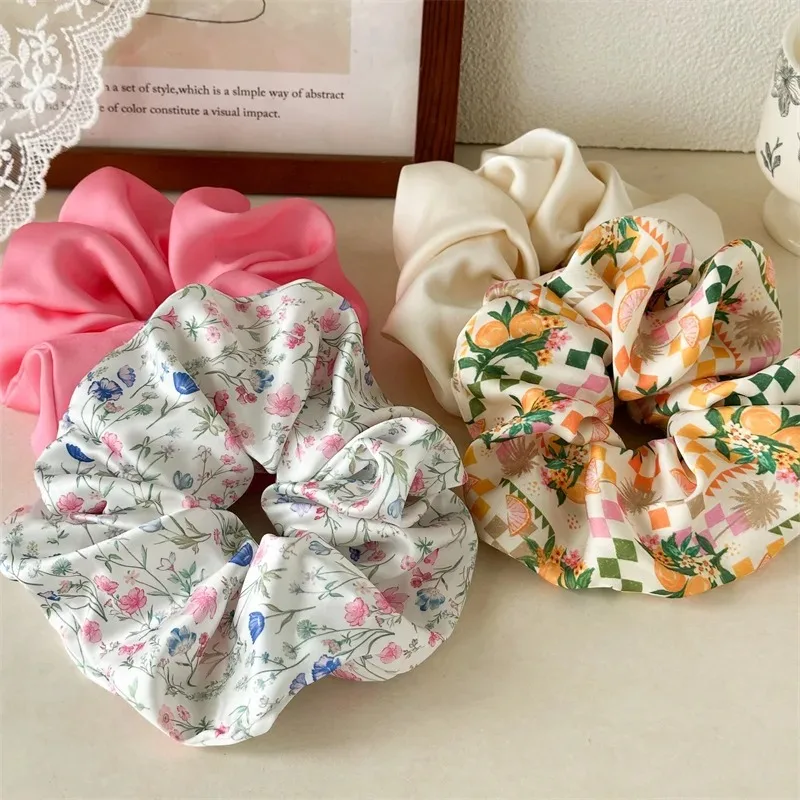 1PC Summer Oversized Tropical Flowers Hair Scrunchies For Women Bohemian Ponytail Bun Hair Rope Satin Elastic Bands