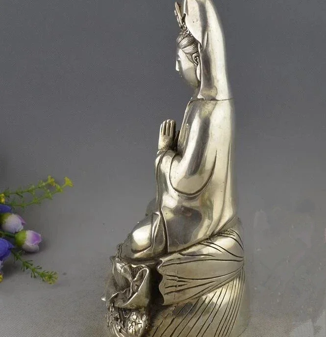 China Collection Archaize White Copper Lotus Guanyin Bodhisattva Buddha Statue
