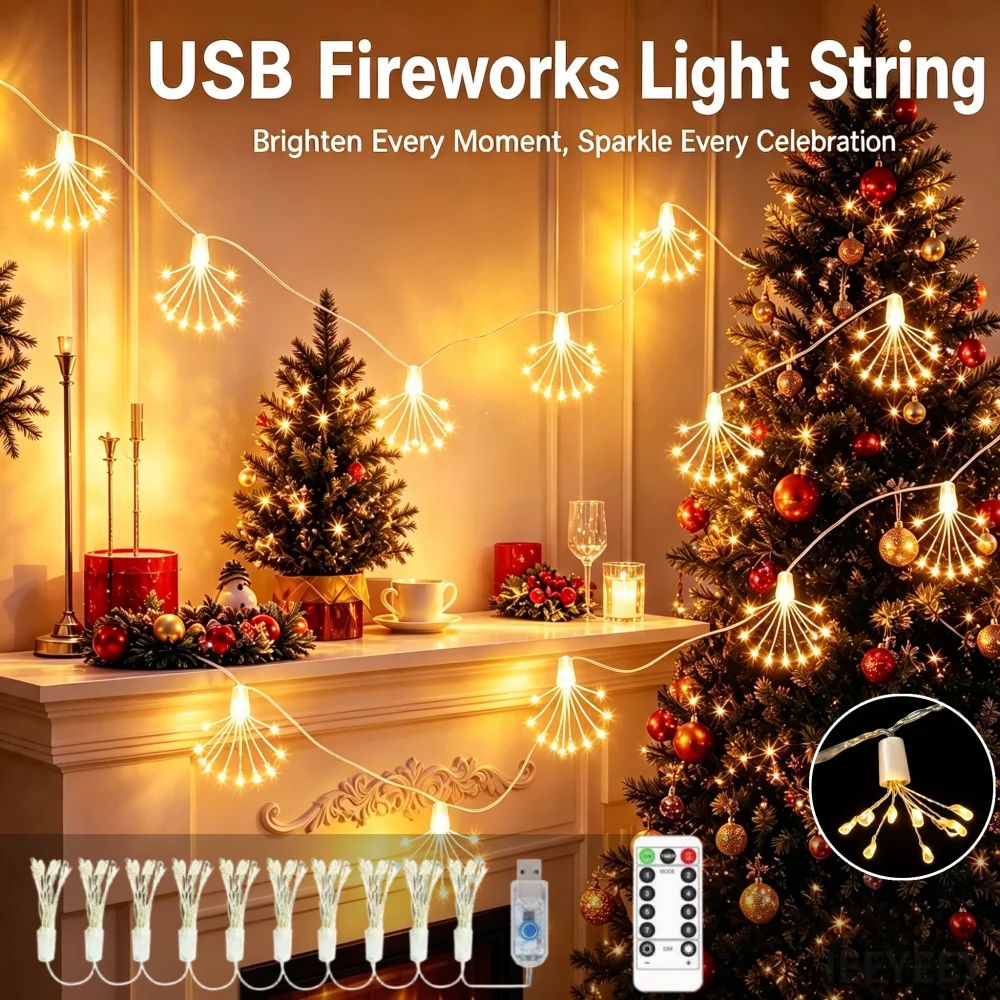 USB Firework Light String LED Garland Fairy Light Burst Star String Lights DIY Flower Decor Light for Christmas Wedding Party