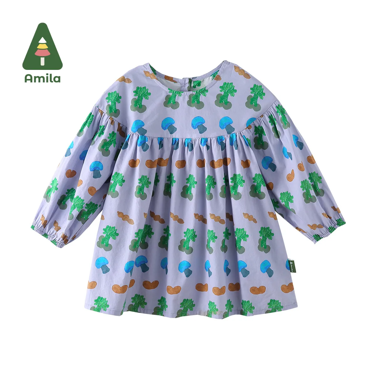 Amila Baby Dress 2024 Spring New Full Print O-neck Breathable Cute Cotton Class-A Soft Girls‘ Clothes