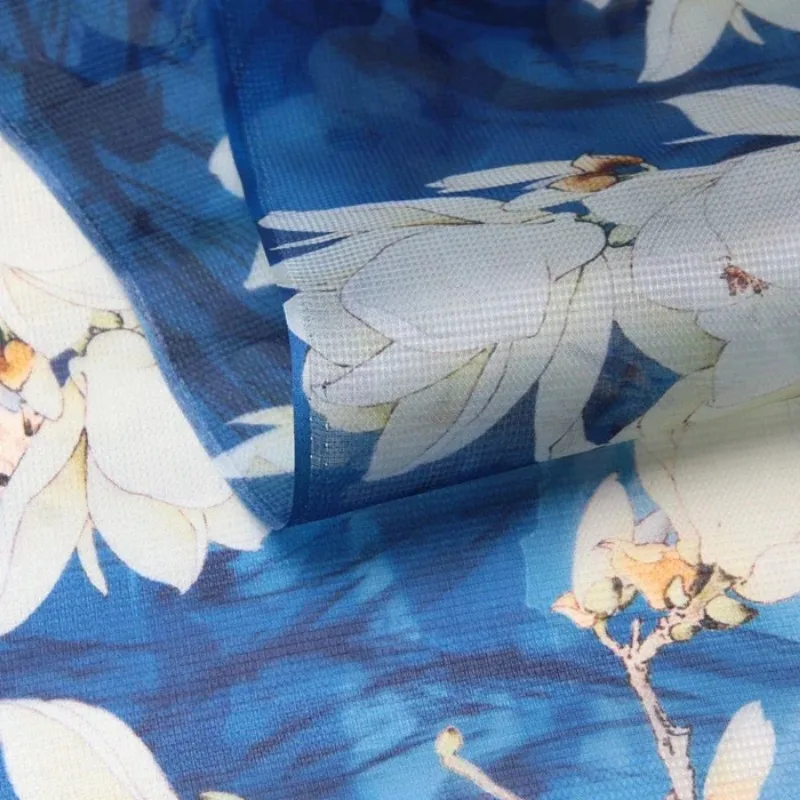 135cm Wide 12mm White Orchid Print Blue Stiff Silk Organza Fabric For Dress Shirt Clothes Pants Diy Sewing Material D201