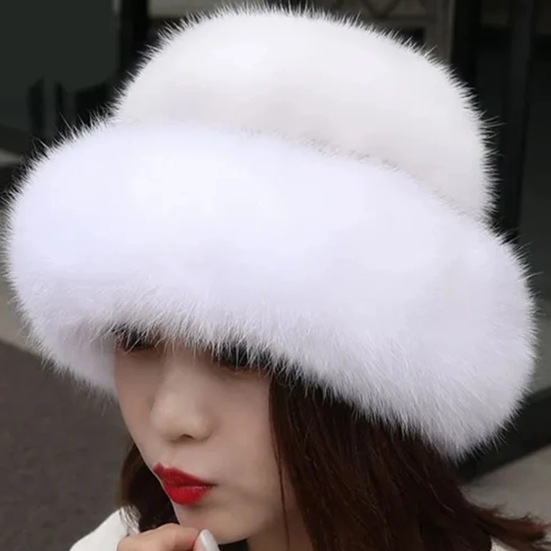 1PC Faux Fox Fur Beanies Caps Women Girls Solid Soft Thickened Furry Berets Hat Lady Elegant Winter Outdoor Windproof Warm Hat