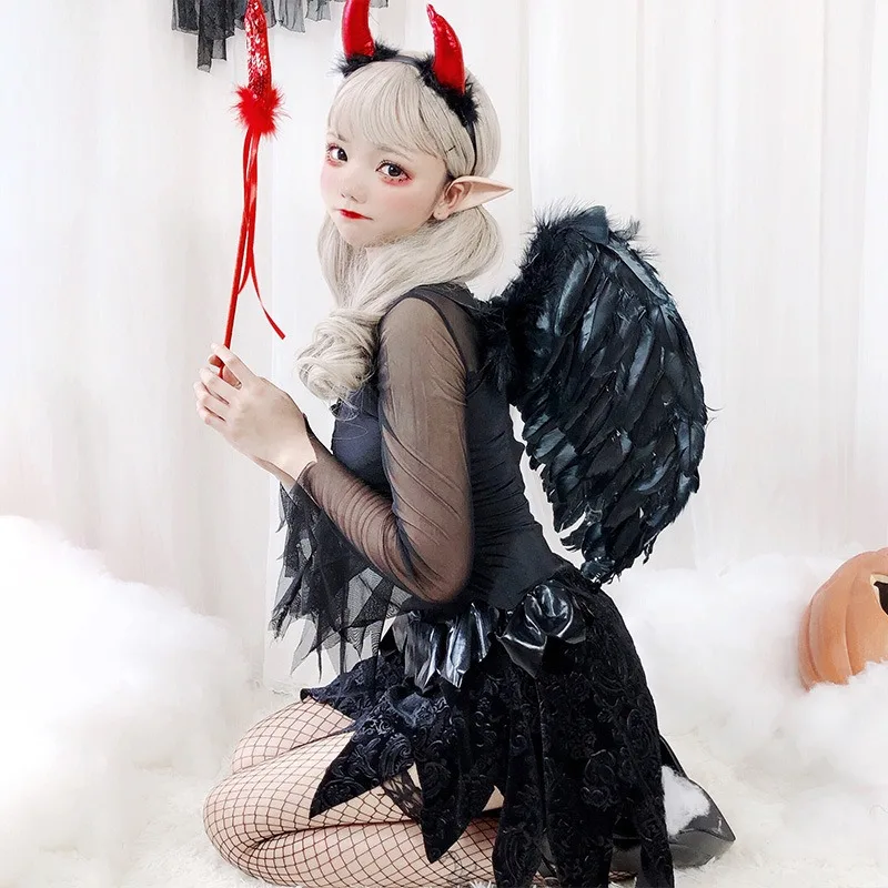 هالوين زي الكبار الإناث الملاك شيطان الأسود تأثيري الساحرة مصاص دماء العروس الجدول أداء زي الخصر Cinching اللباس