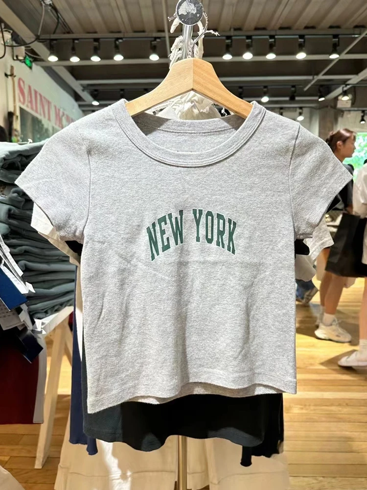 

Casual Women Cotton Letter Print Tees Vintage Gray Round Neck Slim Short Sleeve T-shirts Female Y2k Streetwear Summer Crop Top